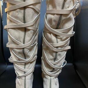 Cream Over the Riding Knee Boots with Lace Bow Details and Zip Closures
